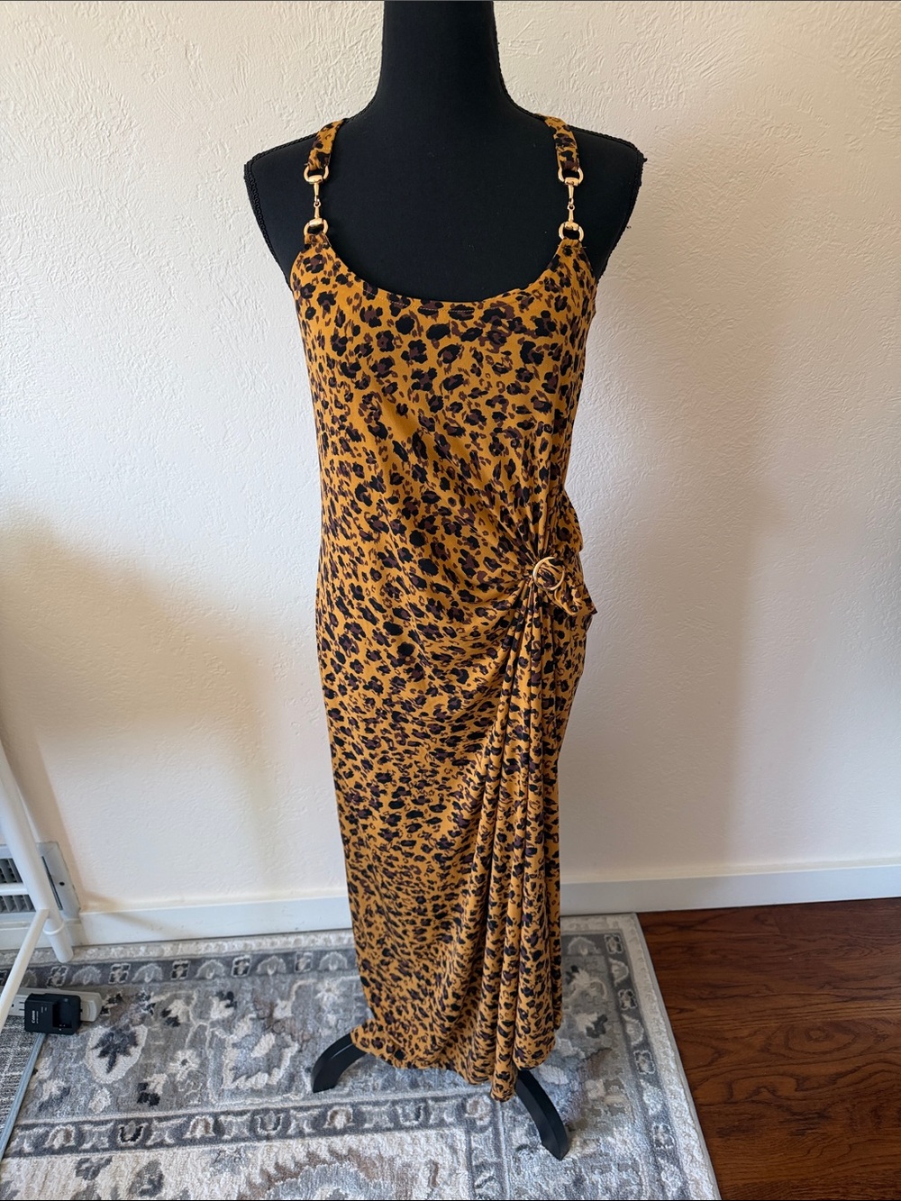 EUC DONNA MORGAN Mustard Leopard-Print Maxi Dress with Side Drape Size 4